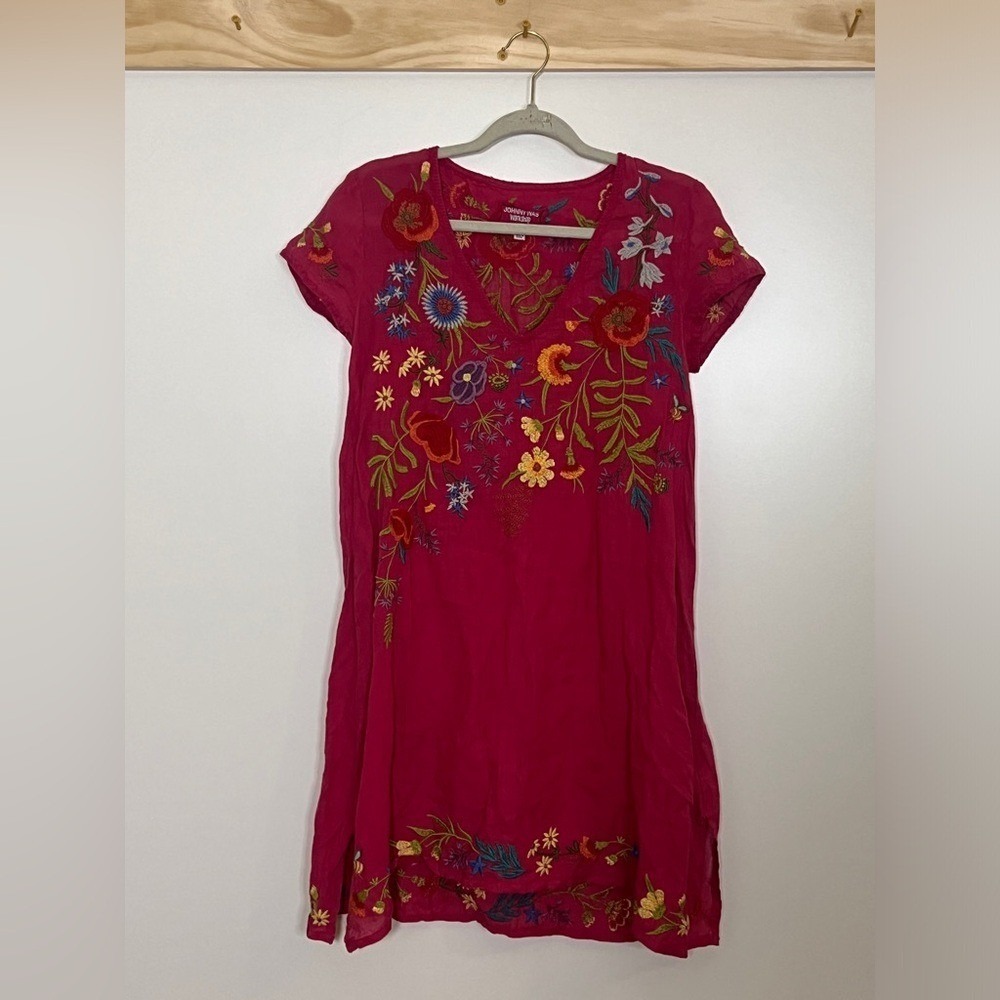 Johnny Was Workshop Dress Boho V-Neck Floral Embroidered Pink Women Sz XS